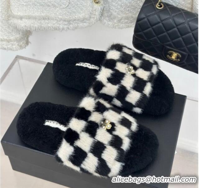 Grade Quality Chanel Rabbit Fur Check Flat Slide Sandals Black/White 918066