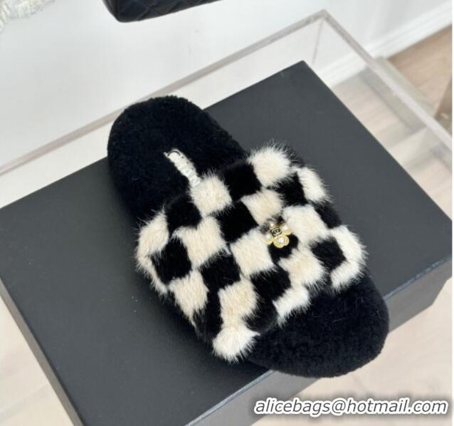 Grade Quality Chanel Rabbit Fur Check Flat Slide Sandals Black/White 918066