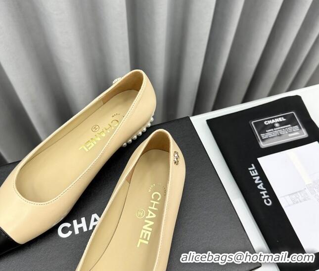 Pretty Style Chanel Lambskin Pointed Flat Ballet with Pearls Beige 918067