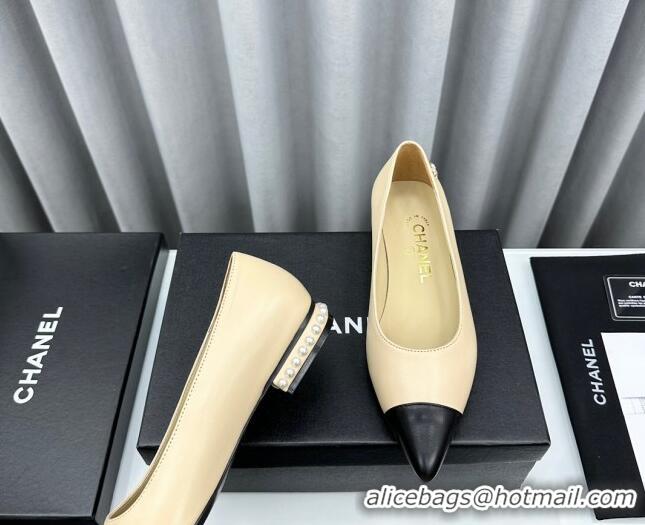 Pretty Style Chanel Lambskin Pointed Flat Ballet with Pearls Beige 918067