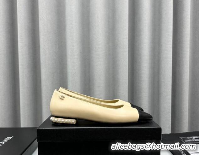 Pretty Style Chanel Lambskin Pointed Flat Ballet with Pearls Beige 918067