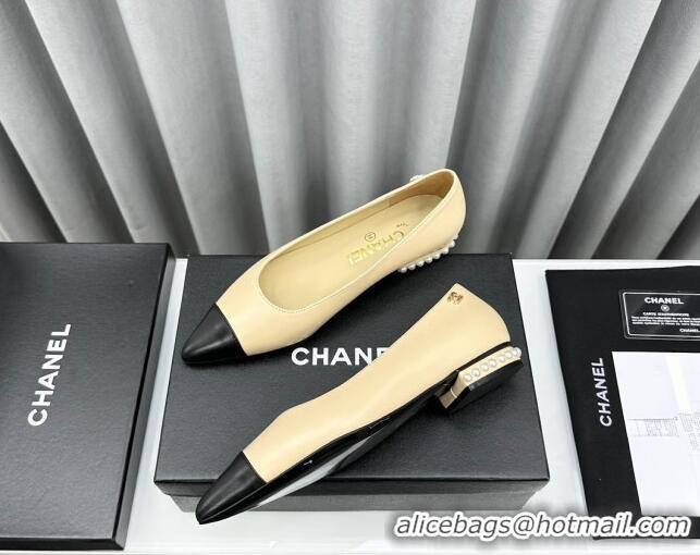 Pretty Style Chanel Lambskin Pointed Flat Ballet with Pearls Beige 918067