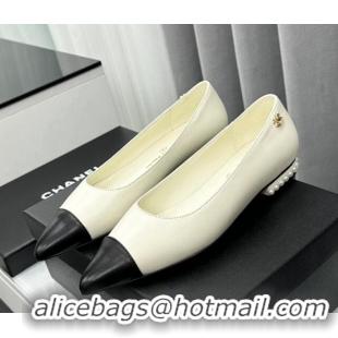 Low Price Chanel Lambskin Pointed Flat Ballet with Pearls White 918068