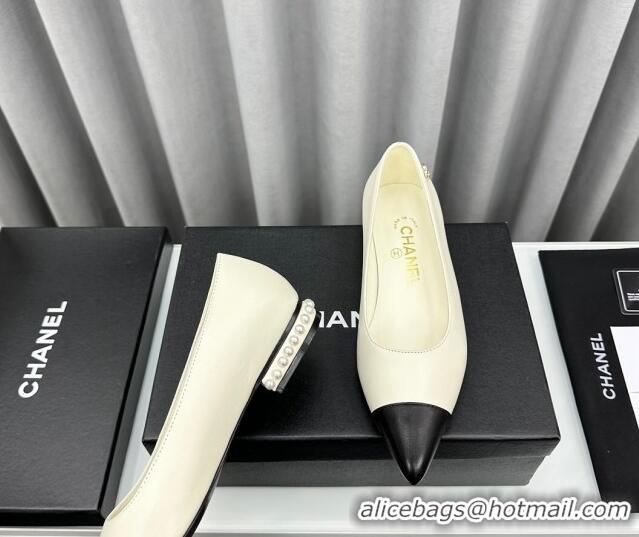 Low Price Chanel Lambskin Pointed Flat Ballet with Pearls White 918068