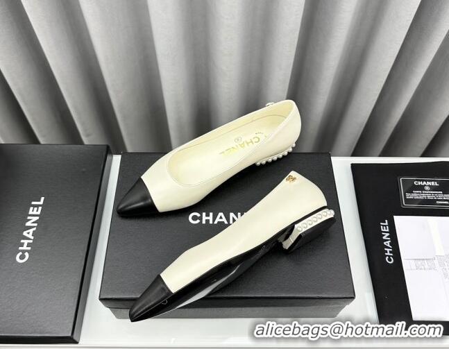 Low Price Chanel Lambskin Pointed Flat Ballet with Pearls White 918068