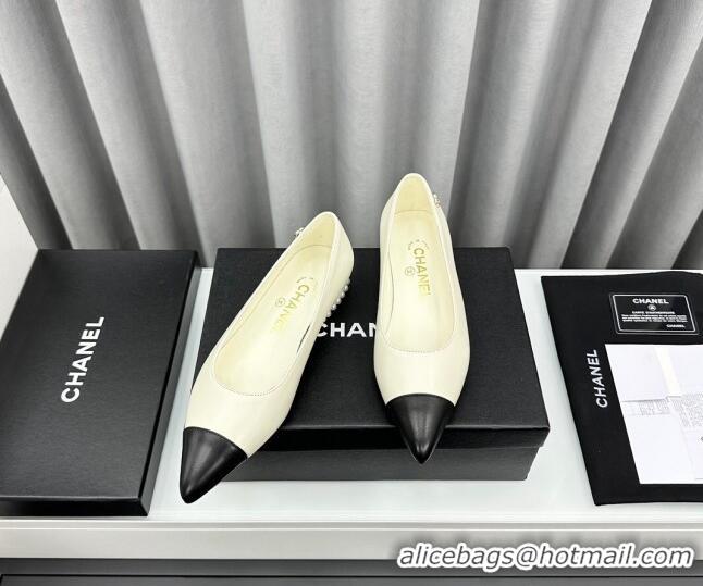 Low Price Chanel Lambskin Pointed Flat Ballet with Pearls White 918068