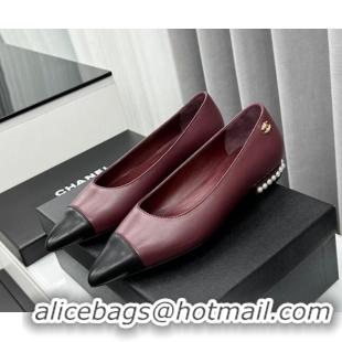 Most Popular Chanel Lambskin Pointed Flat Ballet with Pearls Burgundy 918069