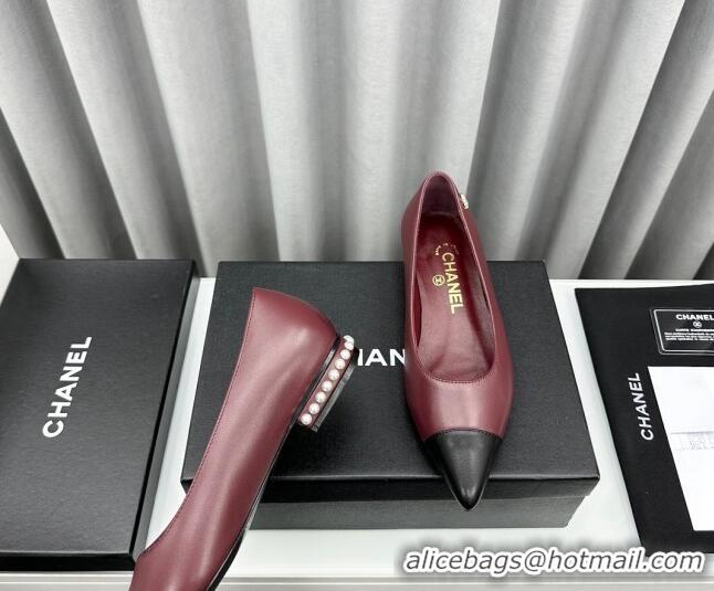 Most Popular Chanel Lambskin Pointed Flat Ballet with Pearls Burgundy 918069