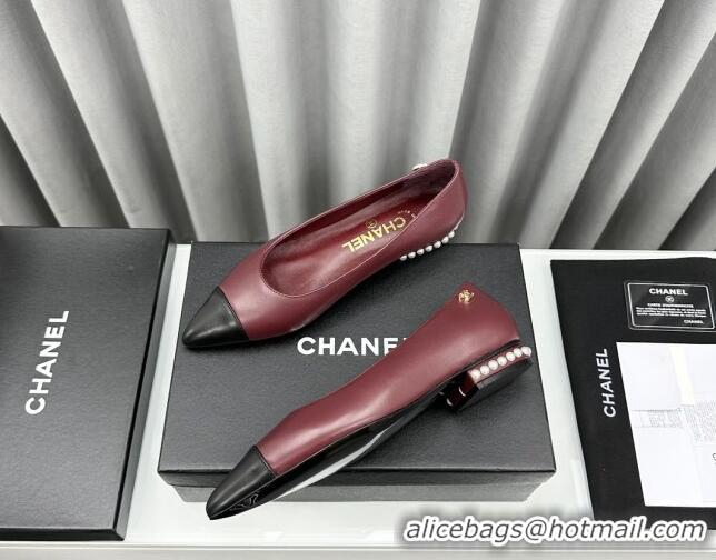 Most Popular Chanel Lambskin Pointed Flat Ballet with Pearls Burgundy 918069