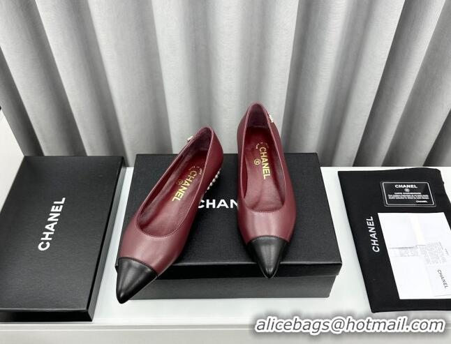 Most Popular Chanel Lambskin Pointed Flat Ballet with Pearls Burgundy 918069