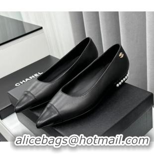 Best Price Chanel Lambskin Pointed Flat Ballet with Pearls Black 918070