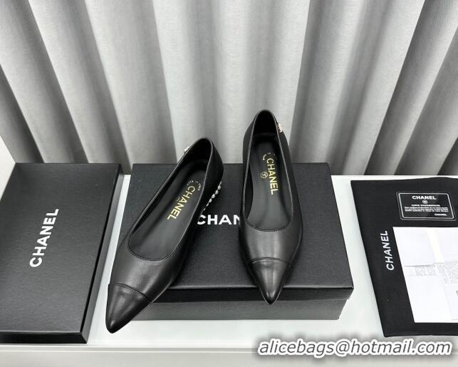 Best Price Chanel Lambskin Pointed Flat Ballet with Pearls Black 918070