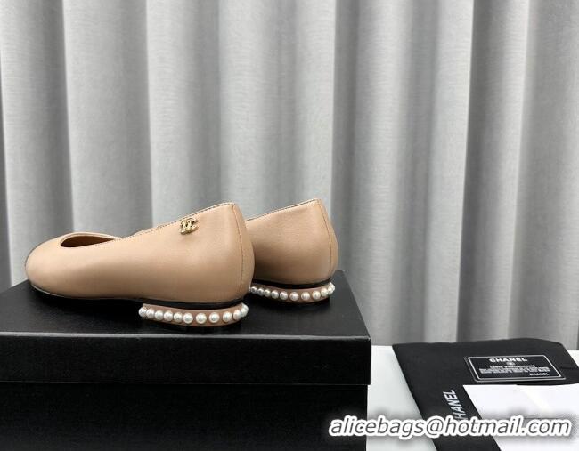 Good Looking Chanel Lambskin Pointed Flat Ballet with Pearls Nude 918071