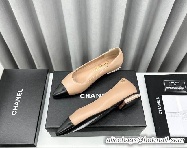 Good Looking Chanel Lambskin Pointed Flat Ballet with Pearls Nude 918071