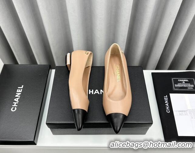 Good Looking Chanel Lambskin Pointed Flat Ballet with Pearls Nude 918071