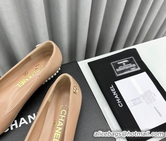 Good Looking Chanel Lambskin Pointed Flat Ballet with Pearls Nude 918071