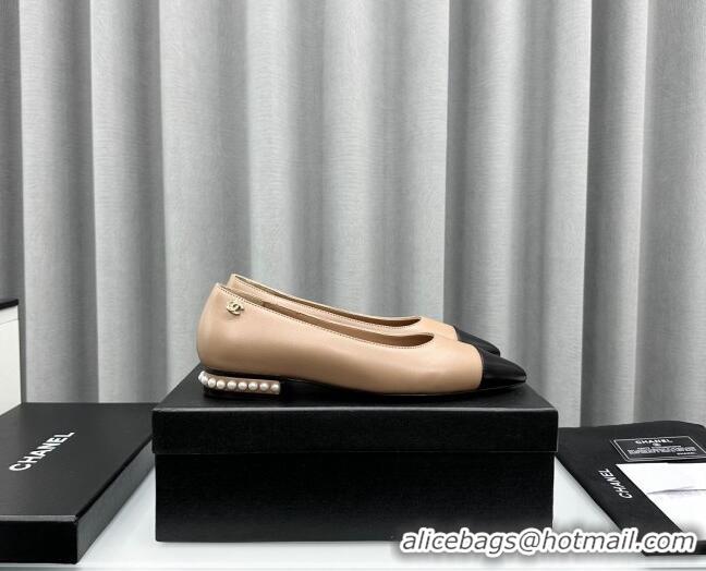 Good Looking Chanel Lambskin Pointed Flat Ballet with Pearls Nude 918071