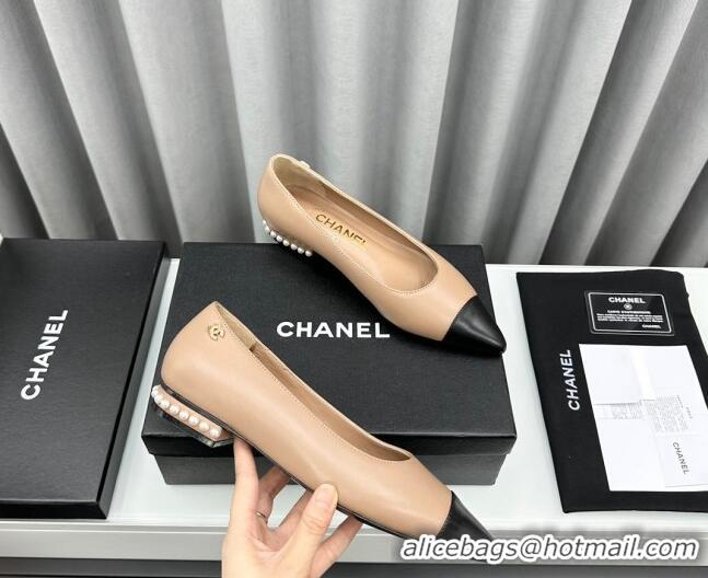 Good Looking Chanel Lambskin Pointed Flat Ballet with Pearls Nude 918071