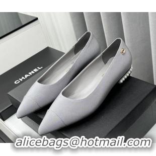 Top Design Chanel Fabric Pointed Flat Ballet with Pearls Grey 918072