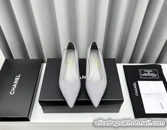 Top Design Chanel Fabric Pointed Flat Ballet with Pearls Grey 918072