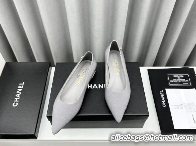 Top Design Chanel Fabric Pointed Flat Ballet with Pearls Grey 918072