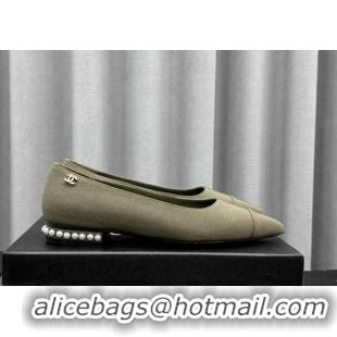 Best Product Chanel Fabric Pointed Flat Ballet with Pearls Green 918074