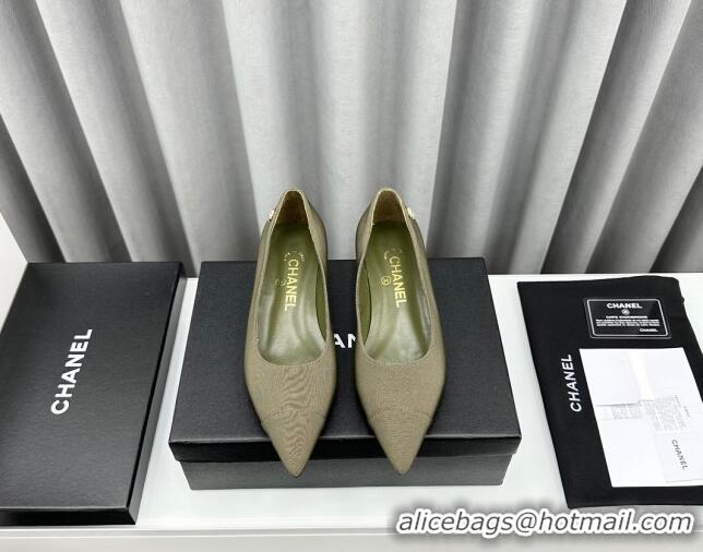 Best Product Chanel Fabric Pointed Flat Ballet with Pearls Green 918074