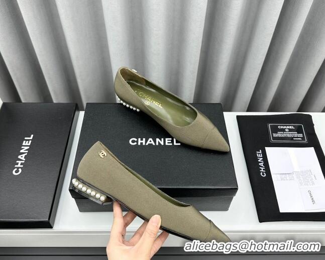 Best Product Chanel Fabric Pointed Flat Ballet with Pearls Green 918074