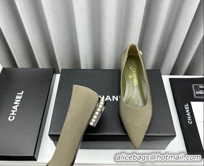 Best Product Chanel Fabric Pointed Flat Ballet with Pearls Green 918074