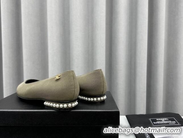 Best Product Chanel Fabric Pointed Flat Ballet with Pearls Green 918074