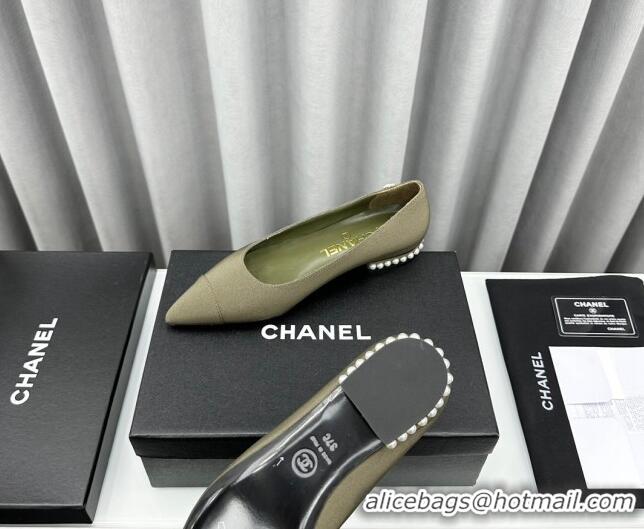 Best Product Chanel Fabric Pointed Flat Ballet with Pearls Green 918074