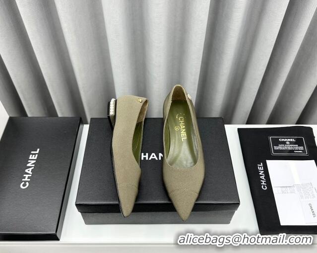 Best Product Chanel Fabric Pointed Flat Ballet with Pearls Green 918074