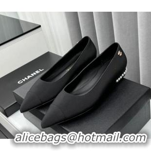 Shop Duplicate Chanel Fabric Pointed Flat Ballet with Pearls Black 918075