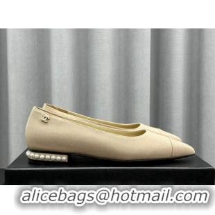 Shop Cheap Chanel Fabric Pointed Flat Ballet with Pearls Beige 918076