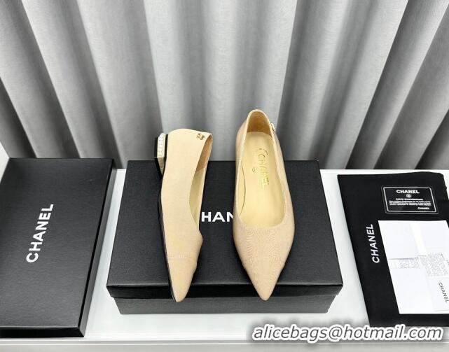 Shop Cheap Chanel Fabric Pointed Flat Ballet with Pearls Beige 918076