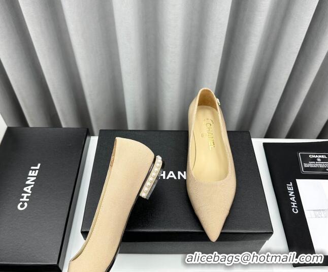 Shop Cheap Chanel Fabric Pointed Flat Ballet with Pearls Beige 918076