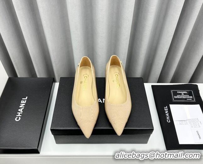 Shop Cheap Chanel Fabric Pointed Flat Ballet with Pearls Beige 918076