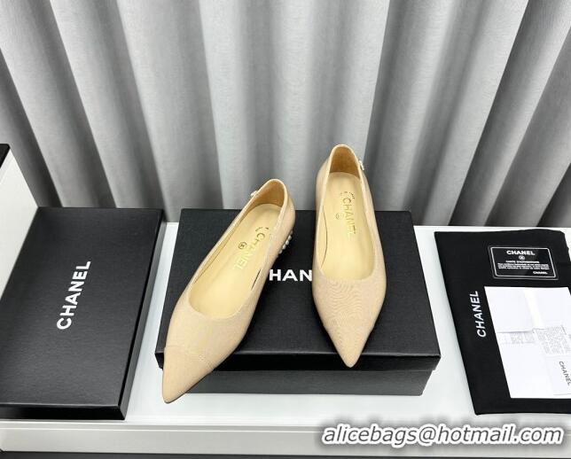 Shop Cheap Chanel Fabric Pointed Flat Ballet with Pearls Beige 918076