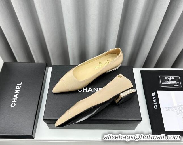 Shop Cheap Chanel Fabric Pointed Flat Ballet with Pearls Beige 918076