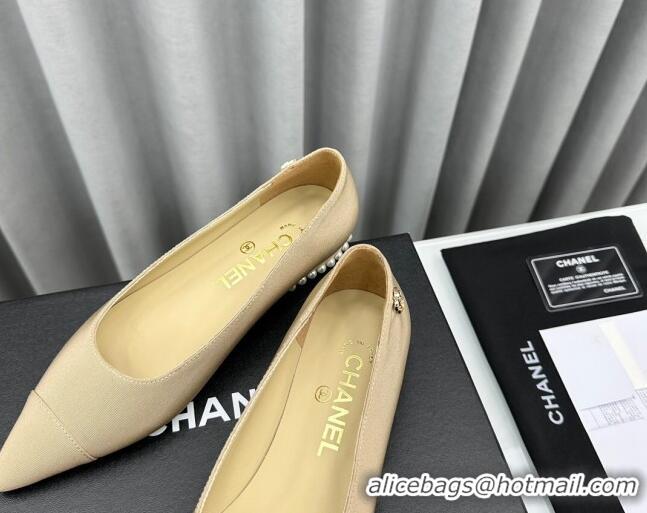 Shop Cheap Chanel Fabric Pointed Flat Ballet with Pearls Beige 918076