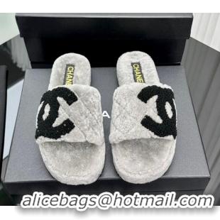 Top Grade Chanel Wool Flat Slide Sandals with Maxi CC Grey 918077