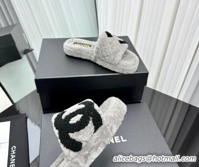 Top Grade Chanel Wool Flat Slide Sandals with Maxi CC Grey 918077