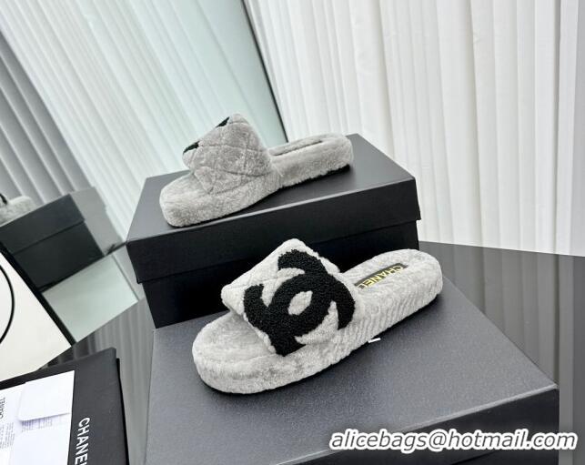 Top Grade Chanel Wool Flat Slide Sandals with Maxi CC Grey 918077