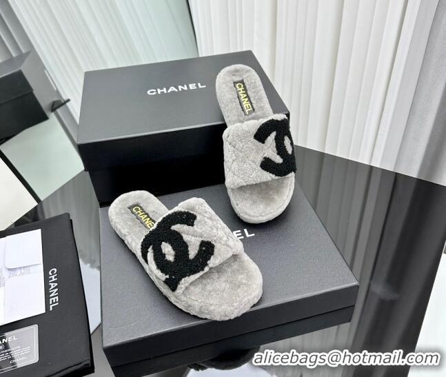 Top Grade Chanel Wool Flat Slide Sandals with Maxi CC Grey 918077