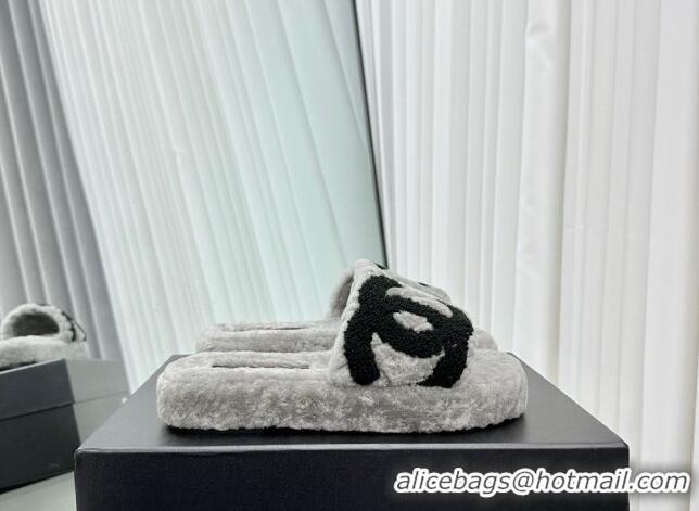 Top Grade Chanel Wool Flat Slide Sandals with Maxi CC Grey 918077