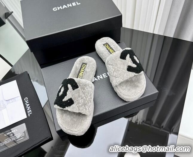 Top Grade Chanel Wool Flat Slide Sandals with Maxi CC Grey 918077