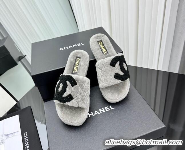 Top Grade Chanel Wool Flat Slide Sandals with Maxi CC Grey 918077