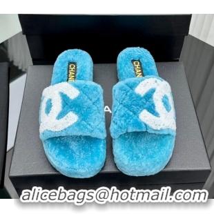 Popular Style Chanel Wool Flat Slide Sandals with Maxi CC Blue 918078