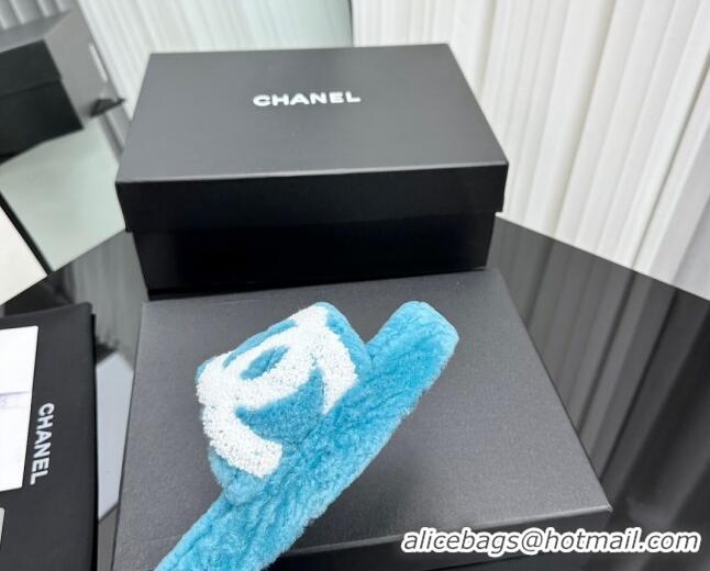 Popular Style Chanel Wool Flat Slide Sandals with Maxi CC Blue 918078