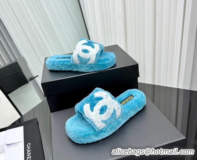 Popular Style Chanel Wool Flat Slide Sandals with Maxi CC Blue 918078